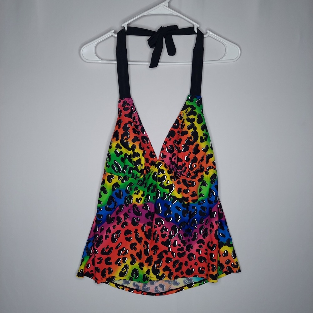 90s Hot Water Tankini Tie Halter Swim Top Juniors 1X Rainbow Leopard Metallic